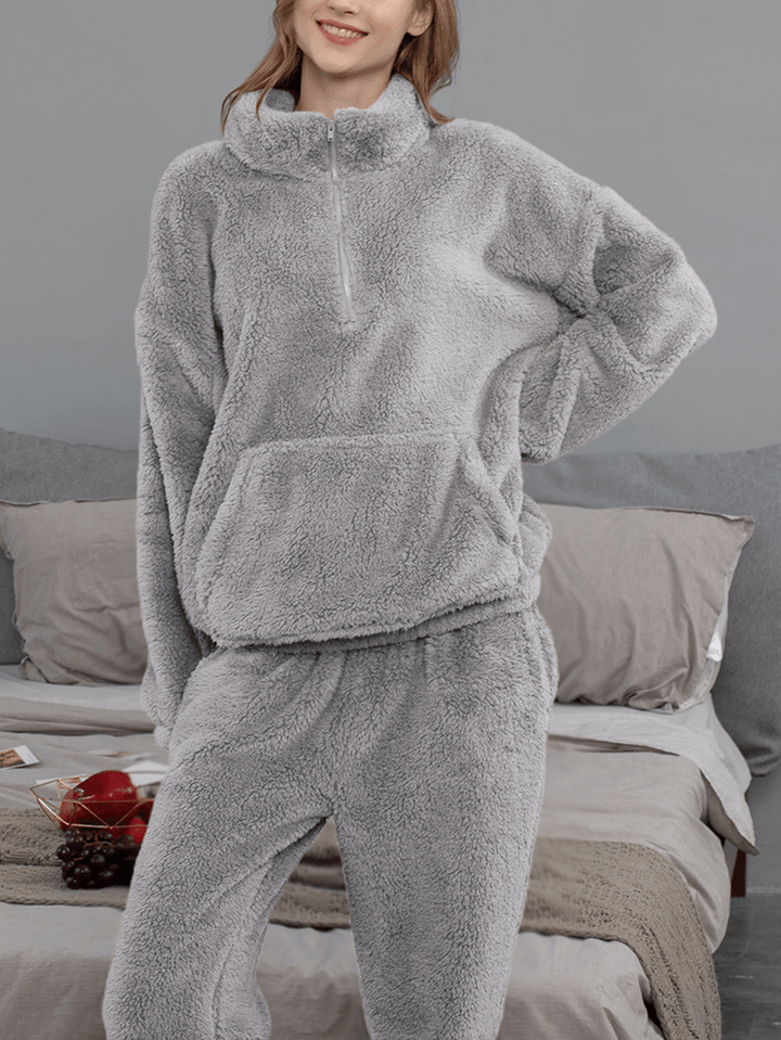 Women Solid Color Plush Fluffy Kangaroo Pocket Pullover Jogger Pants Home Pajama Set - MRSLM