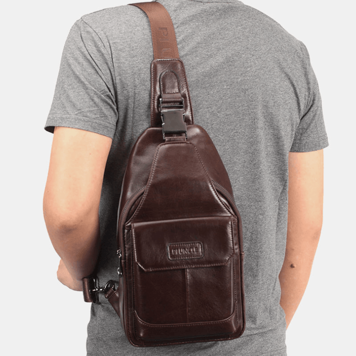 Men Genuine Leather New Vinatge Large Capacity Chest Bag Shoulder Bag Crossbody Bag - MRSLM