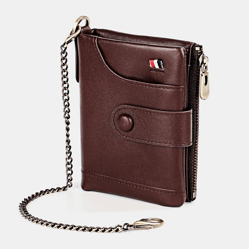 Men Genuine Leather RFID Double Zipper Retro Business Casual Style Multi-Pocket Solid Color Wallet with Chain - MRSLM