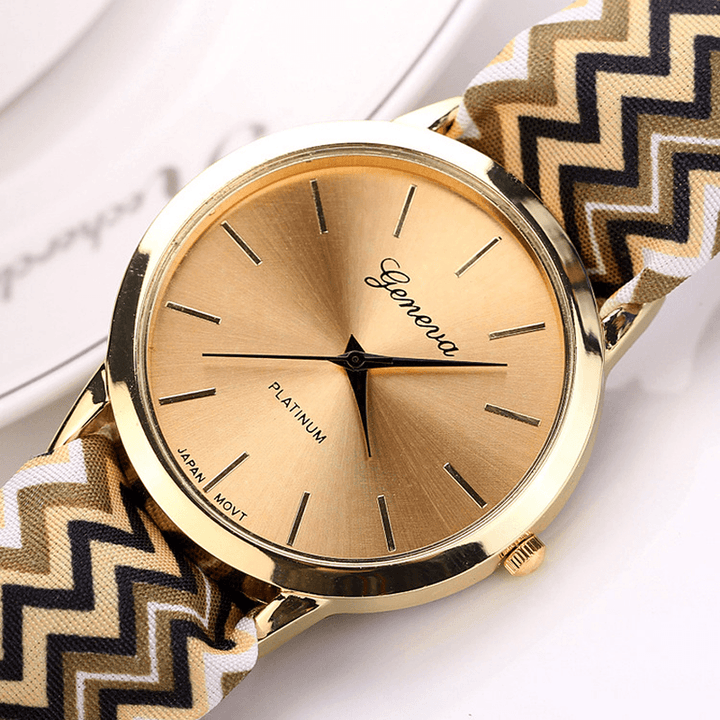 Fashion Chic Big Dial Striped Cloth Strap Women Quartz Watch Wristwatch - MRSLM