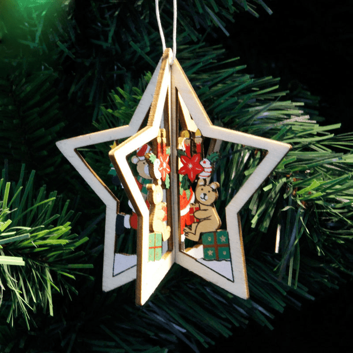 Christmas 3D Wooden Pendant Star Bell Tree Hang Ornaments Home Party Decorations Kids Gifts - MRSLM