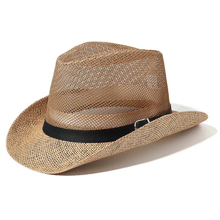 Men Outdoor Breathable Mesh Bowler Jazz Hat Cowboy Sunshade Straw Hat - MRSLM