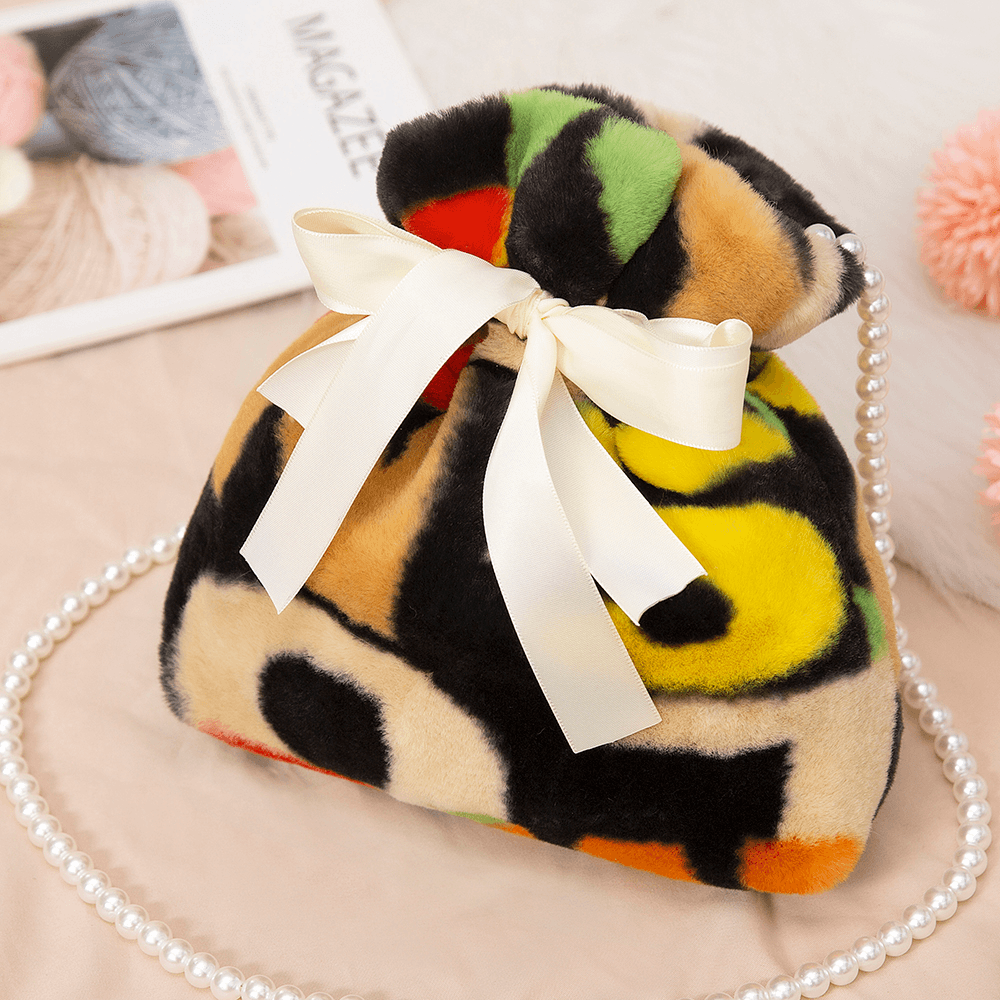 Women Plush Tie-Dye Patchwork Pearl Bowknot Chain Shoulder Bag Crossbody Bag - MRSLM