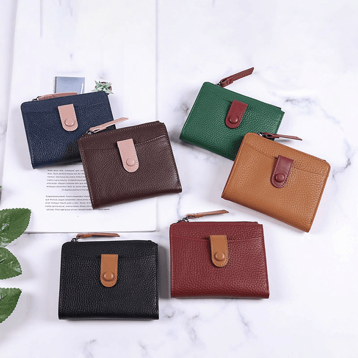 Women Genuine Leather Bifold Hasp Zipper Multifunction Coin Purse Money Clip Short Wallet - MRSLM