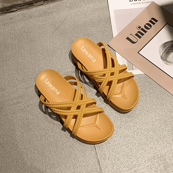 Women Solid Color Cross Band Home Flats Sandals - MRSLM