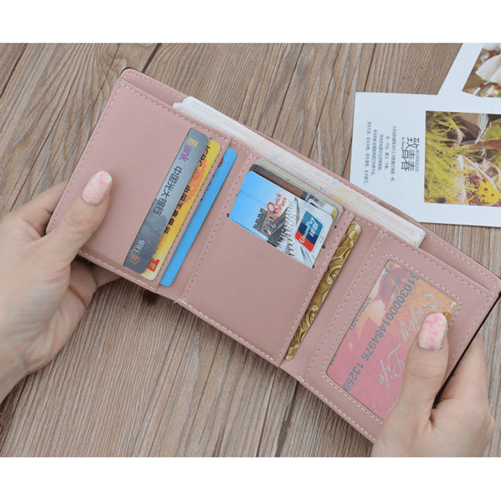 Women PU Leather Floral Clutch Short Solid Buckle Ladies Wallet Mini Portable Credit Card Purse - MRSLM