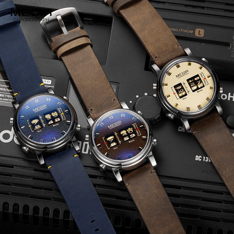 MEGIR 2137 Business Style Leather Strap Men Wrist Watch Unique Design Quartz Watches - MRSLM