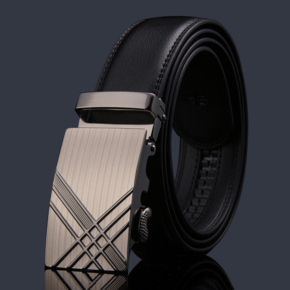 Men Genuine Leather Rectangular Automatic Buckle Ratchet Belt Business Casual Scratch-Resistant Cowhide Belt - MRSLM