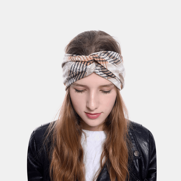 Women Lattice Leaf Printing Outdoor Sport Headdress Elastic Cross Tie Hair Band Headband - MRSLM