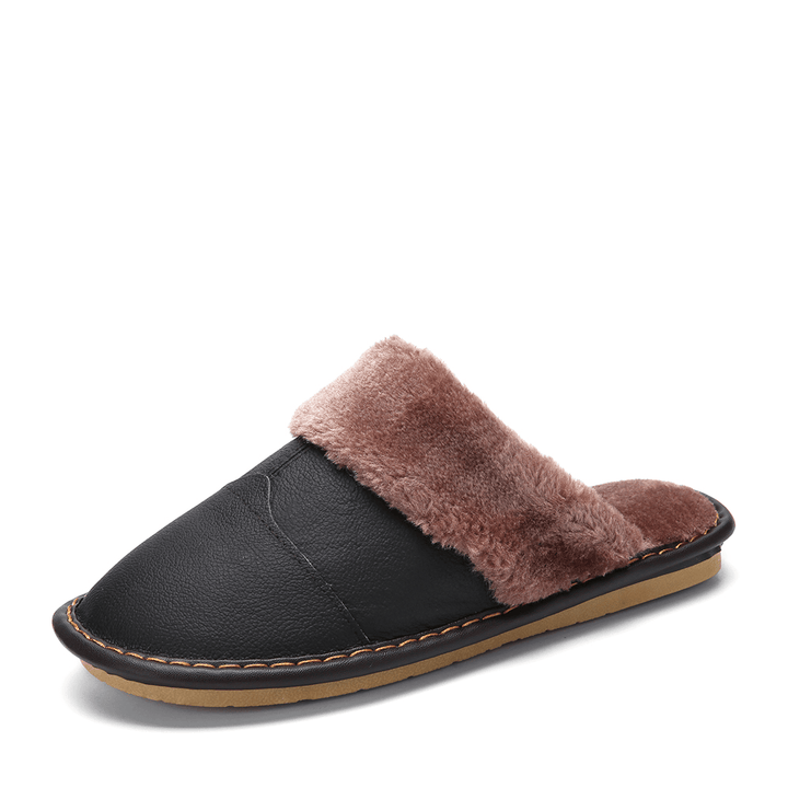 Men First Layer Cowhide Non-Slip Warmeh round Toe Slip-On Comfy Cotton Slippers - MRSLM