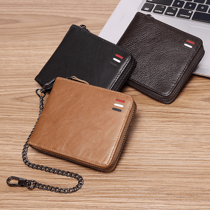 Men Genuine Leather Chain RFID Blocking Anti-Theft Zipper Multi-Slot Card Holder Wallet - MRSLM