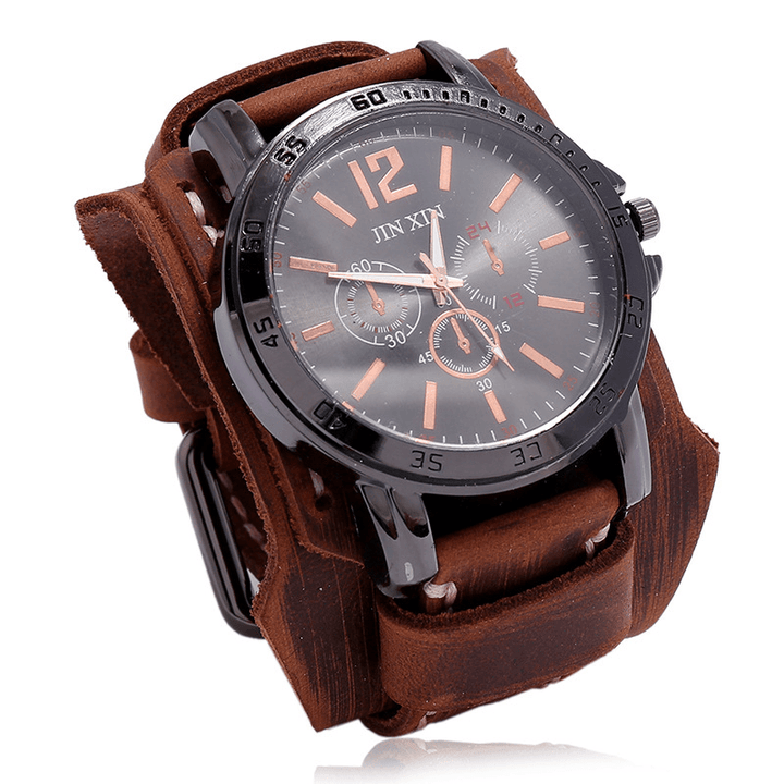 Deffrun Retro Style Decorative Three Dial Quartz Watch Cowhide Leather Band Men Wrist Watch - MRSLM