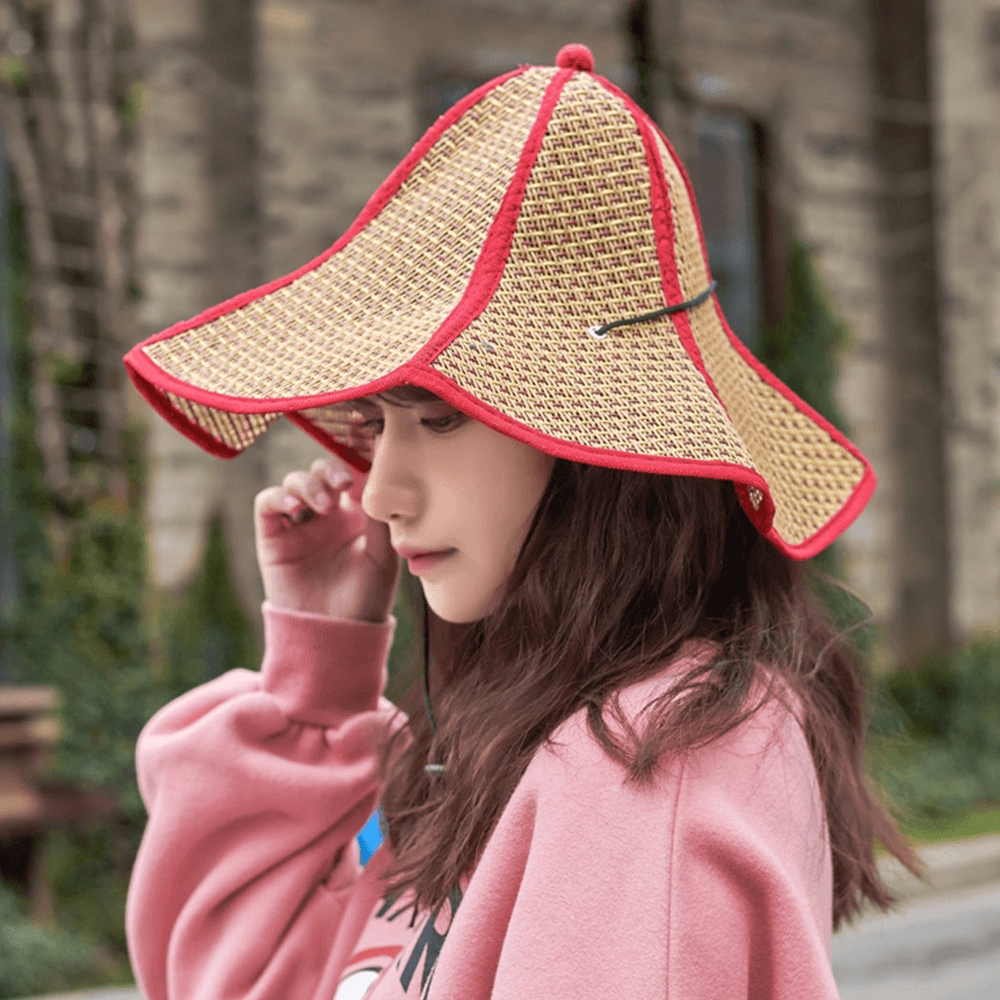 Women Folding Paper Straw Hat Hexagonal Fabric Hemming Sunshade Bucket Hat Sun Hat - MRSLM