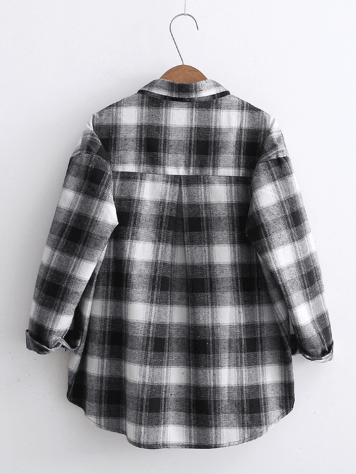 Loose Plaid Long Sleeve Turn-Down Collar Blouse - MRSLM