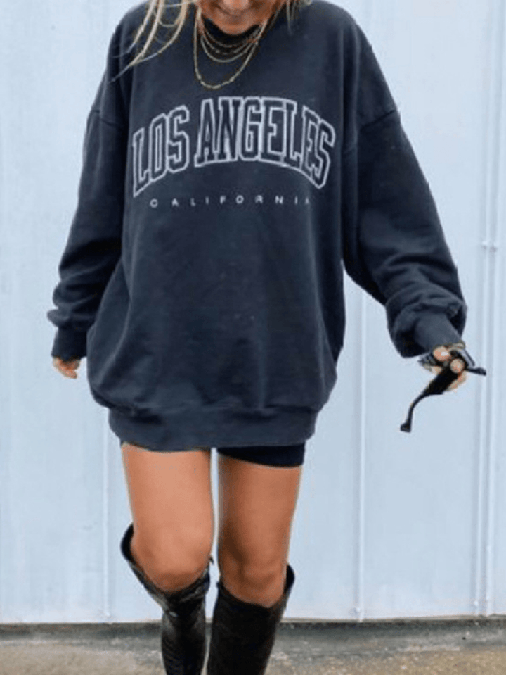 Women Letter Print Drop Shoulder Pullover Simple Navy Sweatshirt - MRSLM