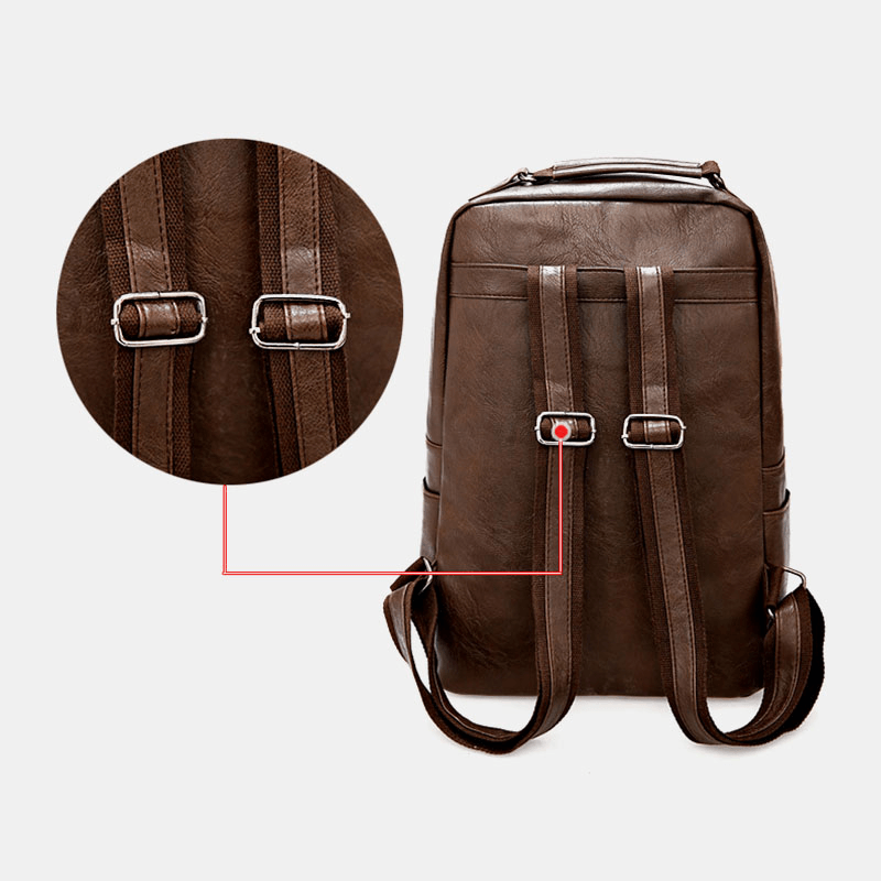 Men PU Leather Vintage Business Waterproof Wear-Resistant Large Capacity 15.6 Inch Laptop Bag Backpack - MRSLM