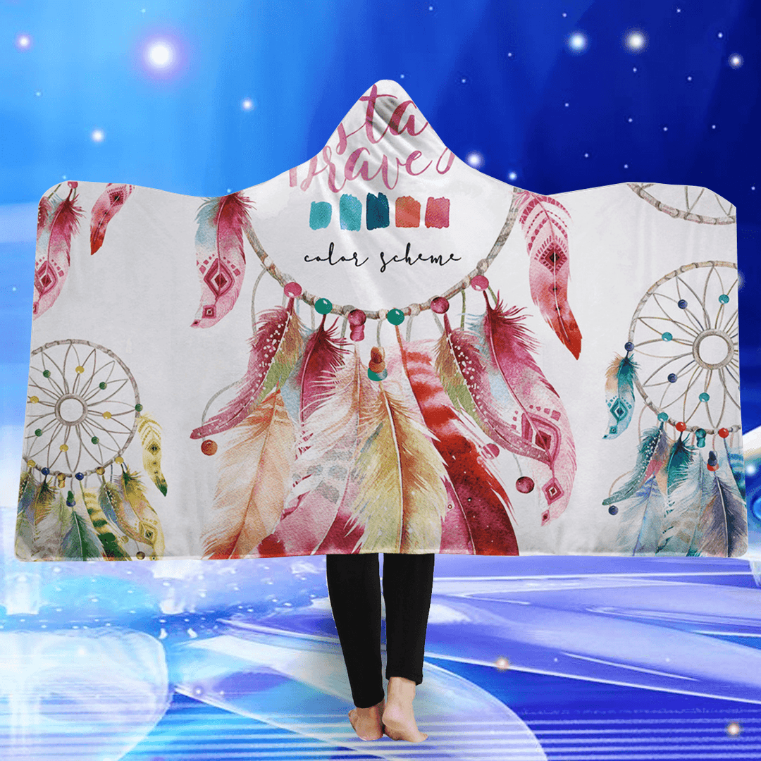 Bohemia Style Blankets Dream Catcher Watercolor Painting Hooded Blankets Warm Coral Fleece Sherpa Fabric Feather Drawing Throw Blankets - MRSLM