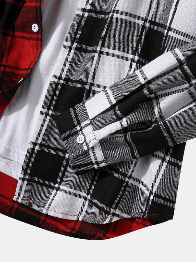 Mens Plaid Patchwork Long Sleeve Chest Pocket Drawstring Hooded Shirts - MRSLM