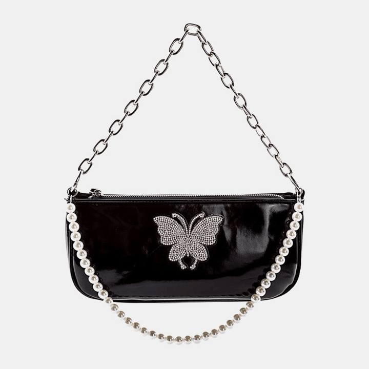 Women PU Leather Pearls Rhinestone Chain Butterflies Pattern Small Square Bag Handbag Shoulder Bag - MRSLM