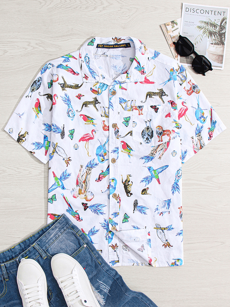 Mens Cotton Funny Animals Cartoon Print Causal Loose Short Sleeve Shirts - MRSLM