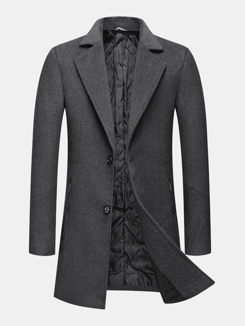 Mens Woolen Single-Breasted Lapel Pocket Mid-Length Warm Trench Coats - MRSLM