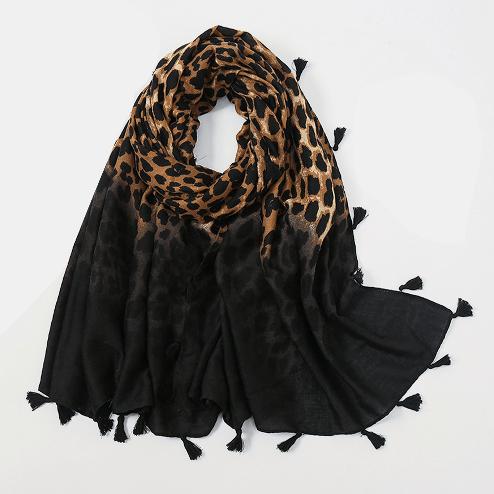 Women Cotton Leopard Warm Scarf Long Tassel Dual-Use Sunshade Shawl - MRSLM