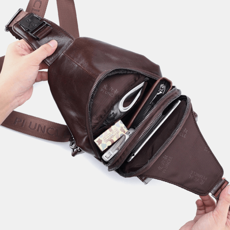 Men Genuine Leather New Vinatge Large Capacity Chest Bag Shoulder Bag Crossbody Bag - MRSLM