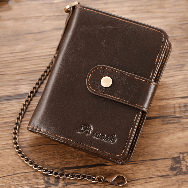 Men Genuine Leather Multi-Card Slot Anti-Theft RFID Card Holder Zipper Chain Wallet - MRSLM