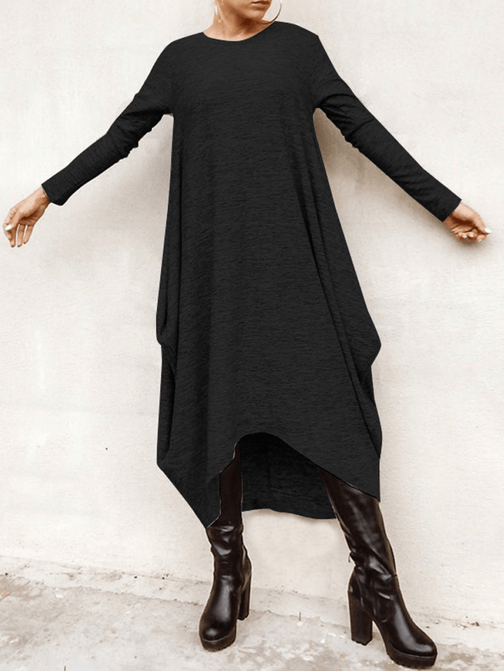 Women's Casual High Low Hem Midi Dress - Loose Fit with Long Sleeves - MRSLM