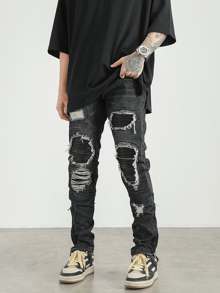 Men Ripped Patch PU and Leather Zipper Jeans - MRSLM