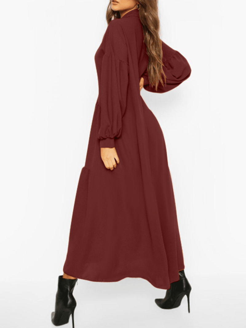 Women Puff Sleeve Solid Pleats Lapel Button Maxi Dresses - MRSLM