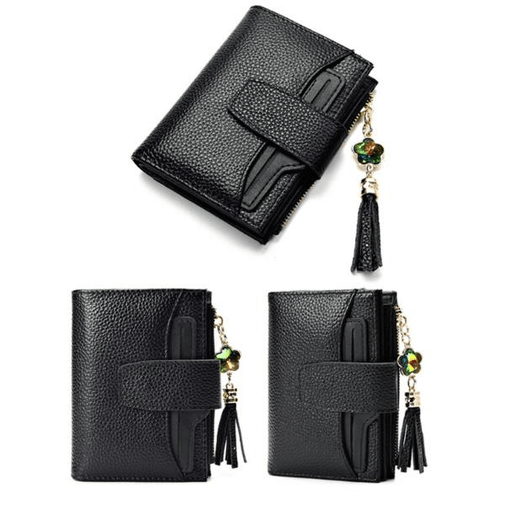 Women Casual Genuine Leather Purse 19 Card Slot Tassel Short Wallet - MRSLM