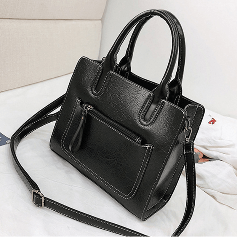 Women PU Leather Tote Handbag Retro Solid Leisure Crossbody Bag - MRSLM