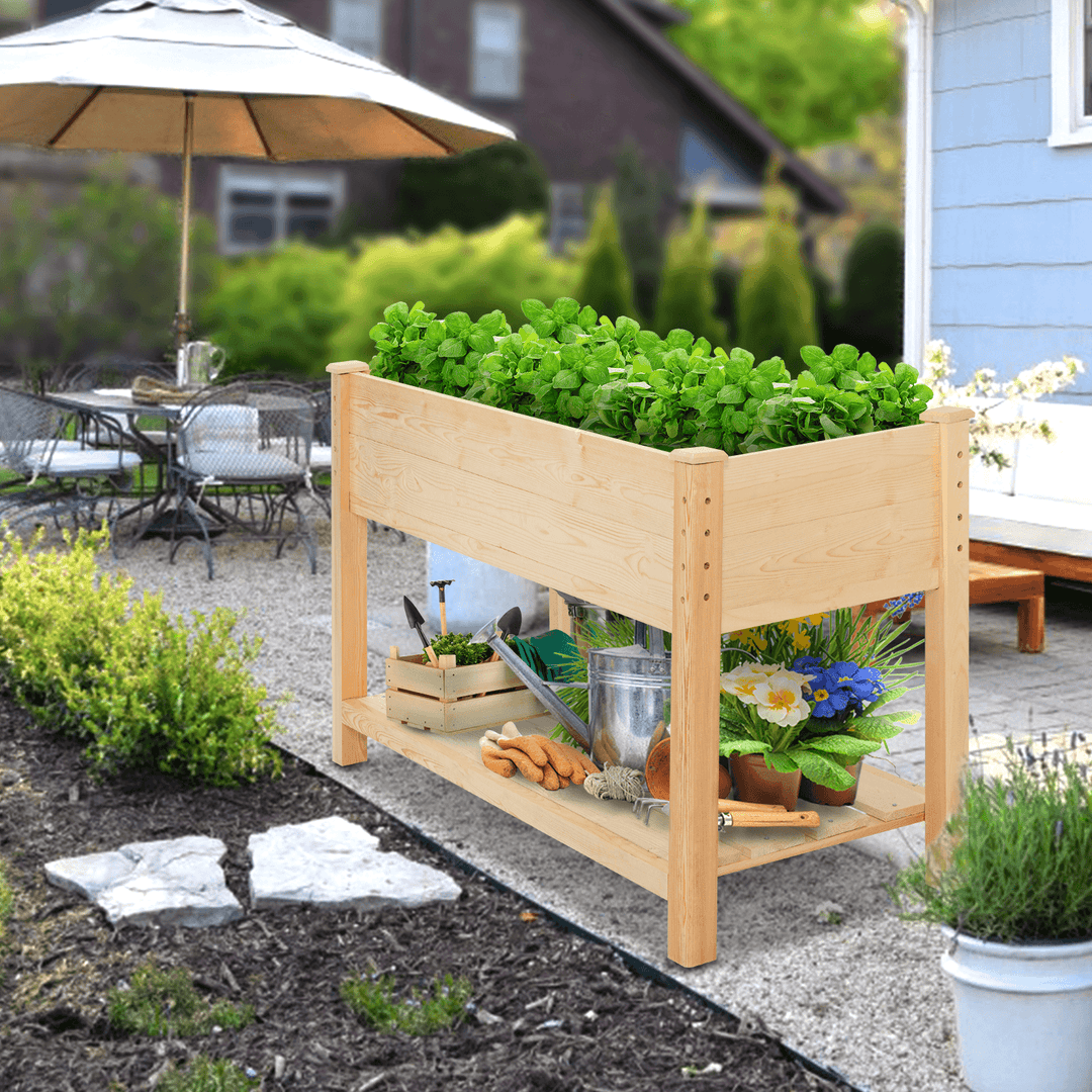 Kingso Raised Garden Bed 4FT Elevated Wooden Planter Boxes Kit Outdoor with Legs Garden Grow Box with Shelves for Vegetable Flower Patio - MRSLM