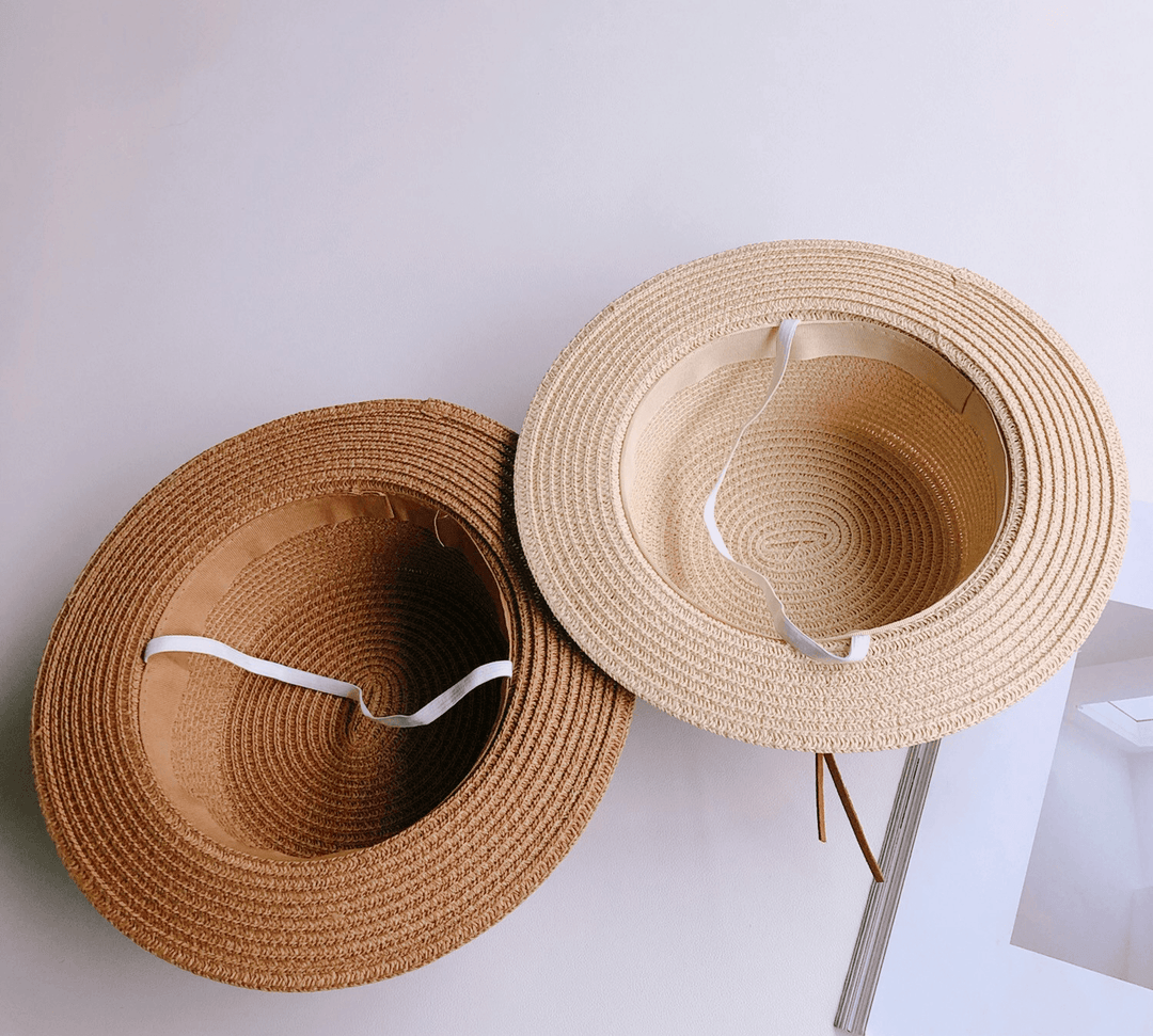 Ins Wind Personality Leather Buckle Children Flat Top Sunshade Straw Hat Summer Outing for Men and Women Baby Big along Sunshade Beach Hat - MRSLM