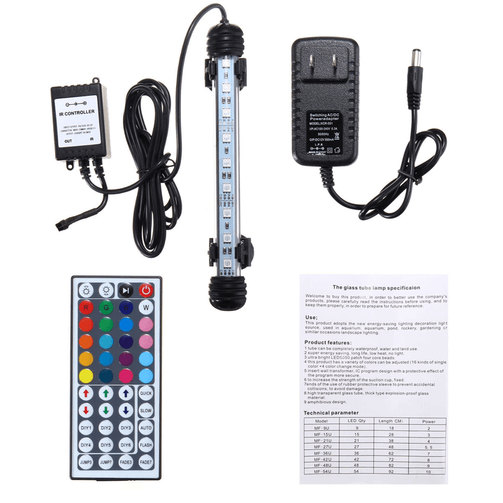 AC110-240V 18CM 5050 2.9W RGB LED Aquarium Fish Tank Light Color Changing Bar Submersible Lamp + 44Keys Remote Control - MRSLM