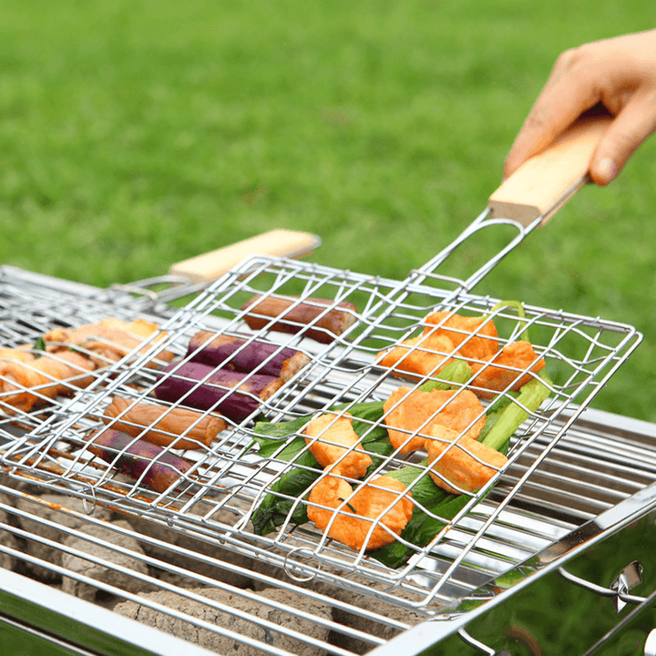 Ipree® Iron Wire Barbecue Grilling Basket BBQ Net Wooden Handle Meat Fish Clip Holder - MRSLM