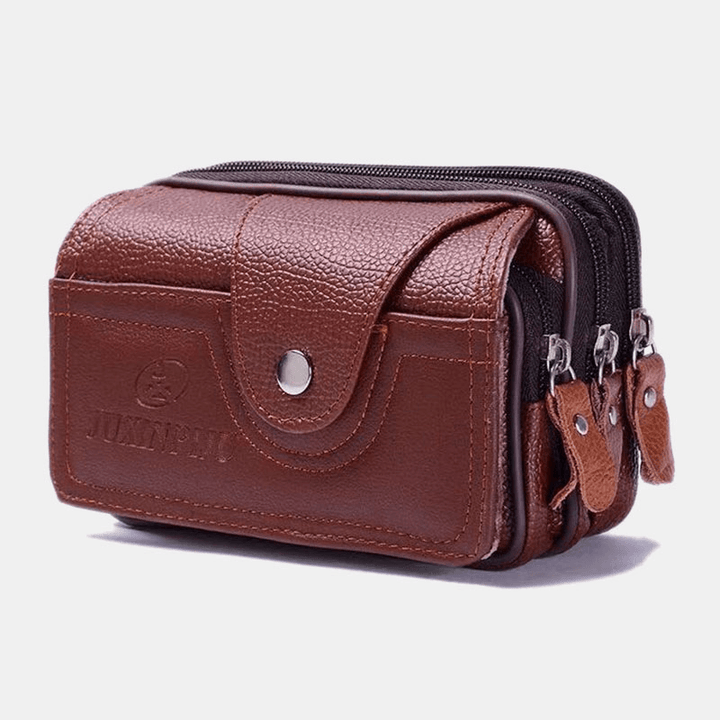 Men PU Leather Three-Layers Multifunction Waterproof Vintage Business 5.8 Inch Phone Bag Waist Bag - MRSLM