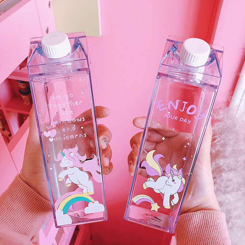 Portable Cup Novelty Milk Carton Shaped Cartoon Unicorn Printed Water Bottle - MRSLM