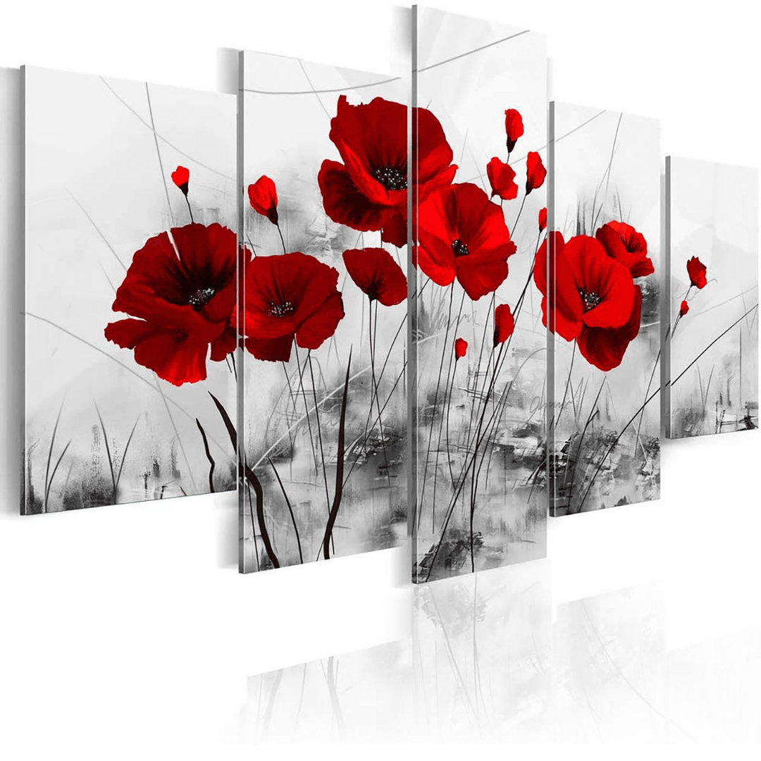 5Pcs Modern Wall Canvas Painting Red Blue Purple Ink Poppy Flower Home Decoration - MRSLM