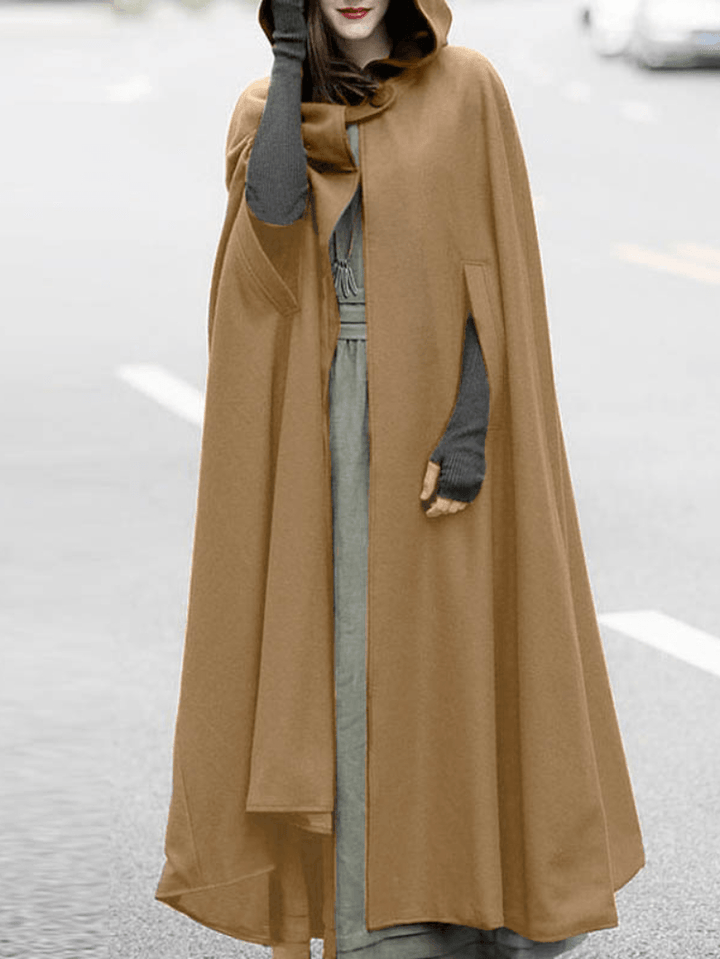 Women Hooded Style Ankle Length Woolen Long Cloak Loose Sleeveless Coats - MRSLM