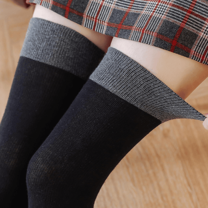 Women Cotton Casual Sweet Contrast Color Footsocks over Knee Leggings Thigh Socks Stocking - MRSLM