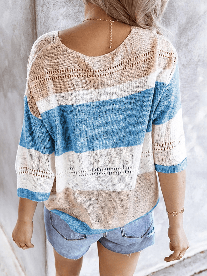 Casual Loose Color Block V-Neck Long Sleeve Sweaters - MRSLM