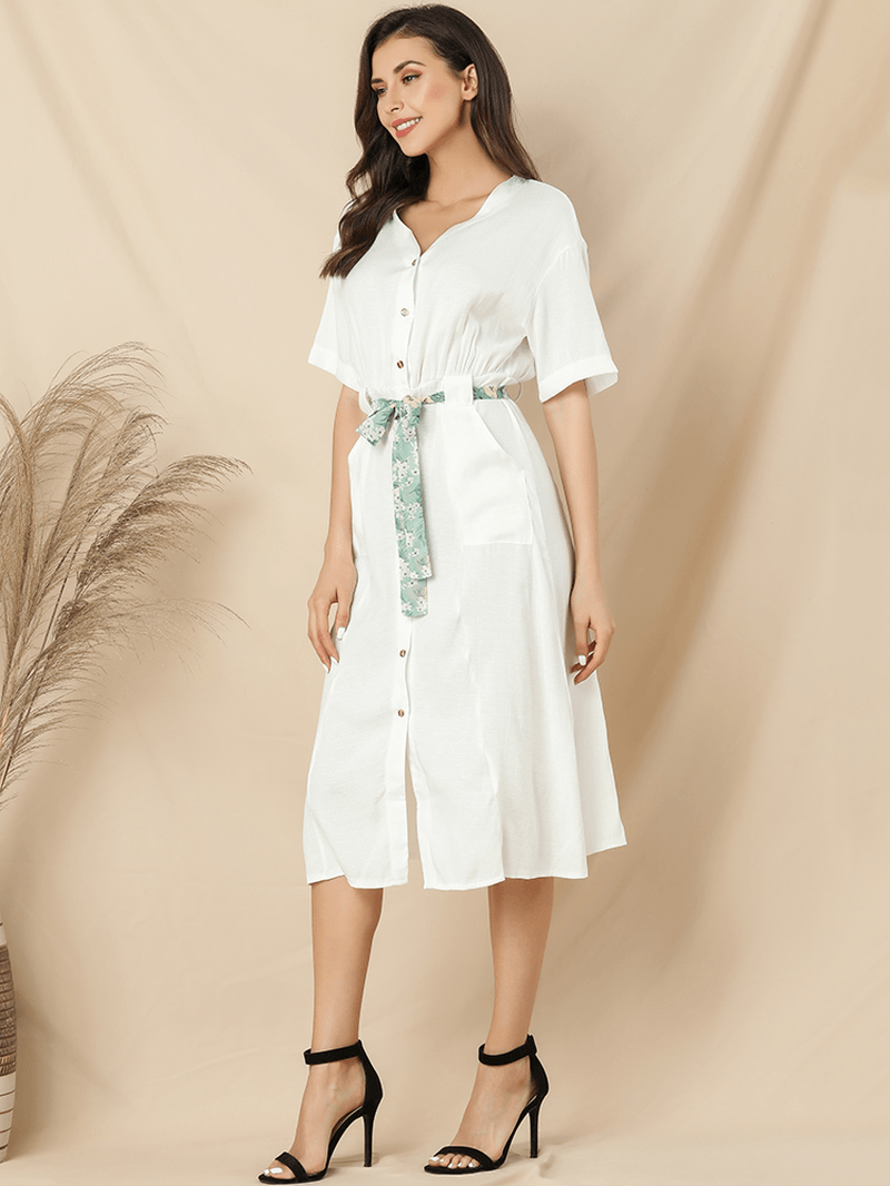 Women Casual V-Neck Short Sleeve Midi Shirt Dress - MRSLM