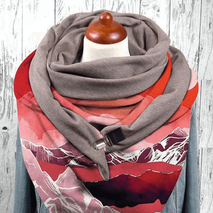 Women Multi-Purpose Colored Landscape Printing Scarf Triangle Autumn Winter Warm Soft Button Scarf Scarves - MRSLM