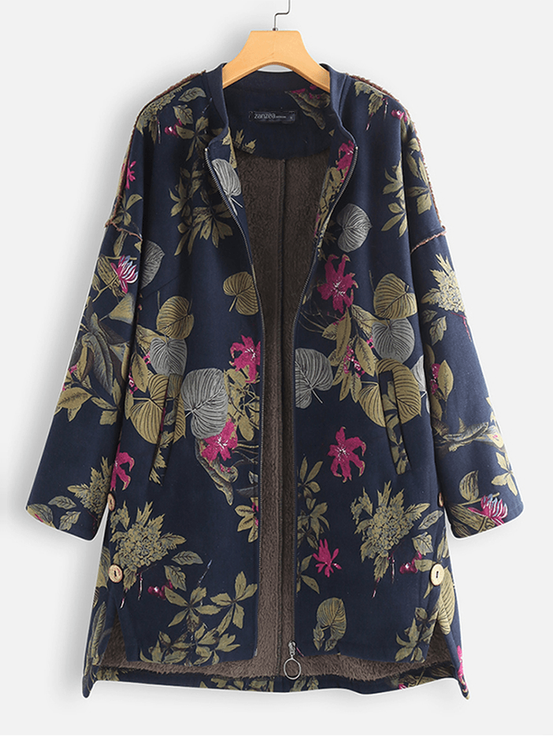 Women Long Sleeve Floral Print Zipper Coats - MRSLM