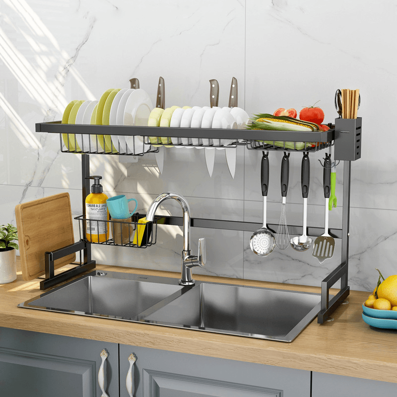 Stainless Kitchen Dish Rack 65/85CM Drainer Cutlery Cup Plates Holder Sink Drip Tray-Single/Double Slot - MRSLM