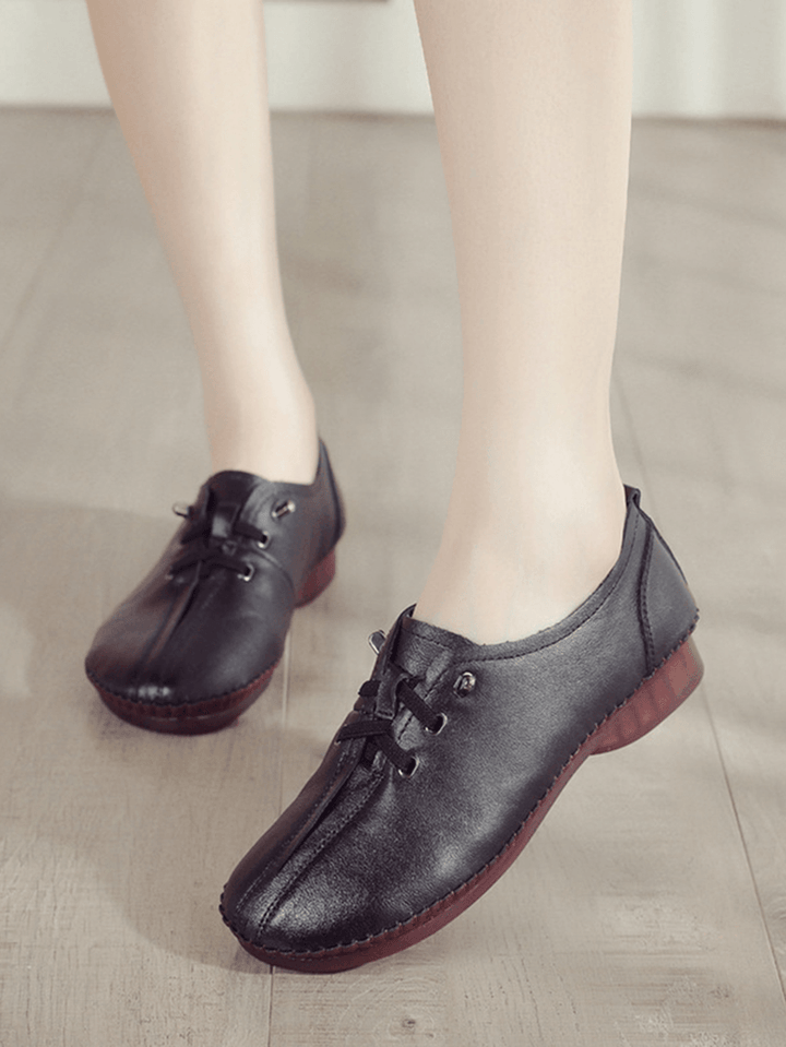 Women Comfy Stitching Genuine Leather Soft Lace up Flats Loafters - MRSLM