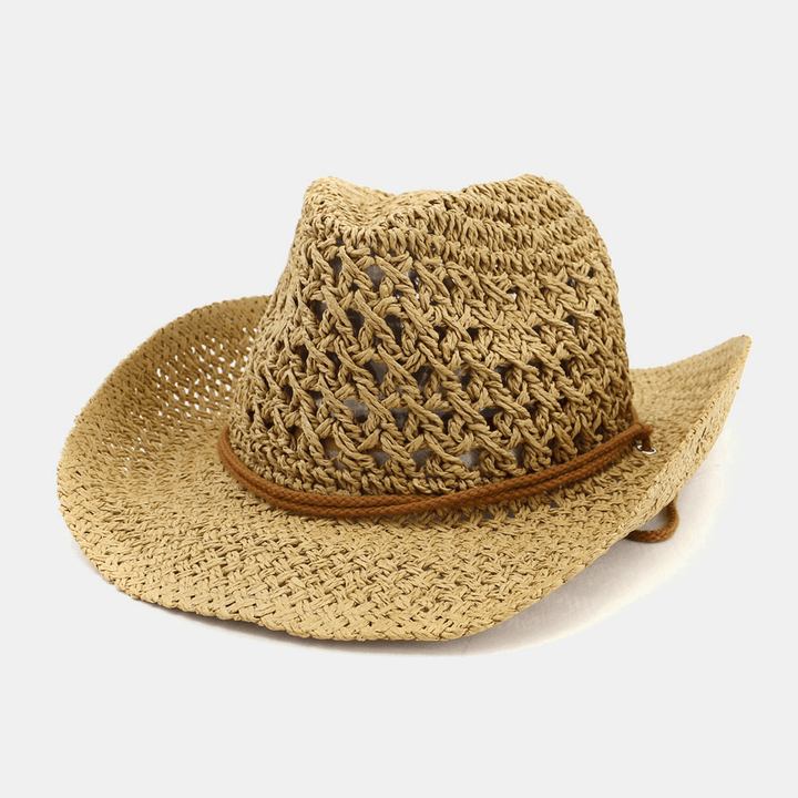 Unisex Handmade Sunscreen Travel Beach Sun Hat Cowboy Style Panama Hat Straw Hat with Adjustable String - MRSLM