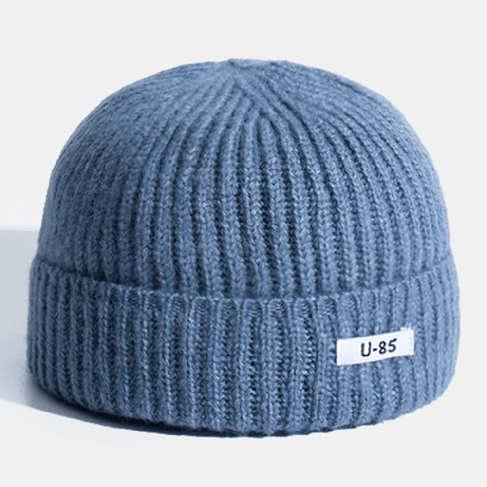 Unisex Acrylic Knitted Solid Color Cloth Label Dome All-Match Brimless Beanie Landlord Cap Skull Cap - MRSLM